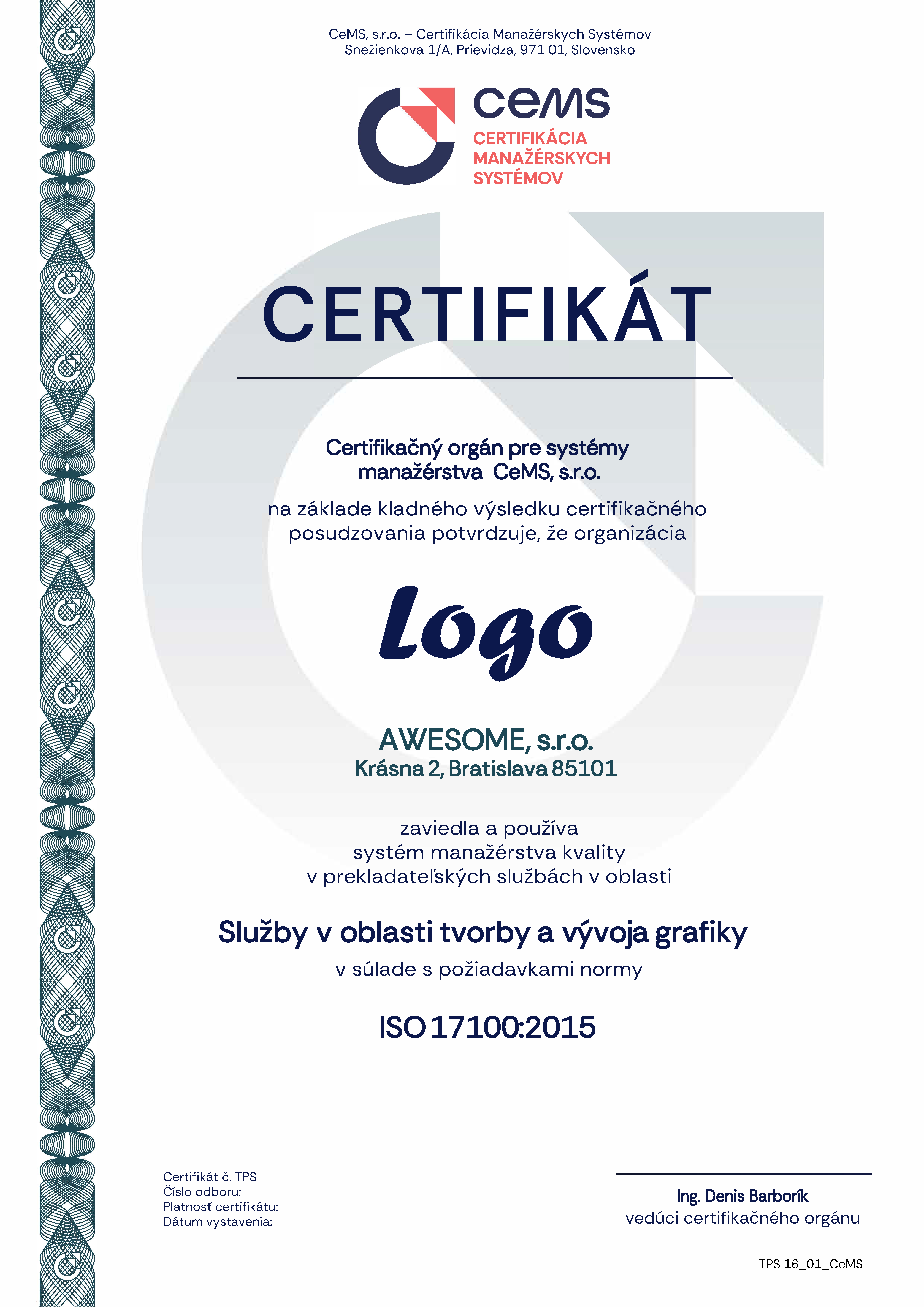 vzor certifikátu ISO 17100 od CeMS